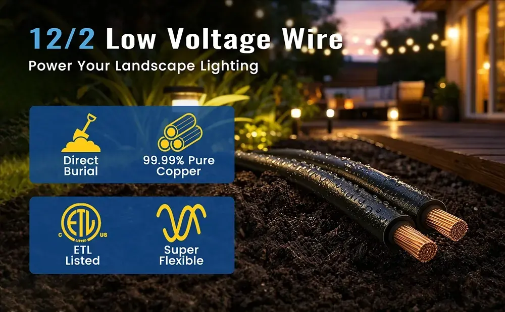 {"default":"Cross-section of Vanteable 12/2 low voltage landscape wire showing high-purity copper core and aging-resistant black insulation."}

