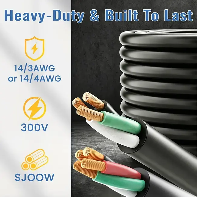 [50ft to 100ft] 14 Gauge Bulk Electrical Wire, 300V Flexible 3 or 4 Conductor Rubber Cable,black,Waterproof,ETL,flexible