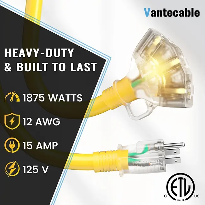 [1ft to 100ft] 12/3 Gauge Heavy Duty Outdoor Extension Cord, Multiple Outlets & LED Indicator,yellow,Waterproof,ETL,flexible,SJTW