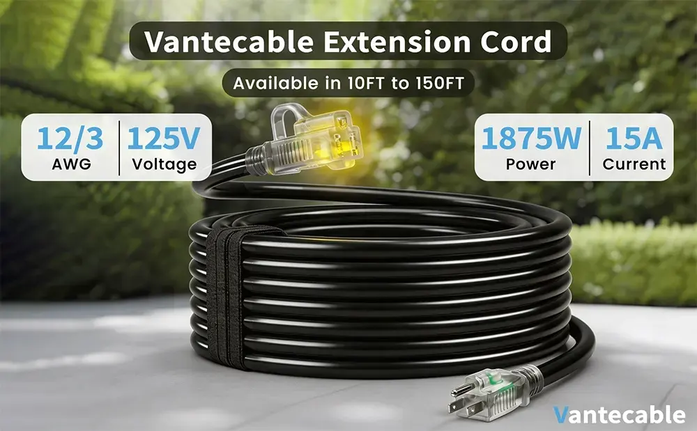 {"default":"Vanteable 12/3 AWG black heavy duty outdoor extension cord with black ends, 1875W 15A power rating, and LED lighted indicator."}
