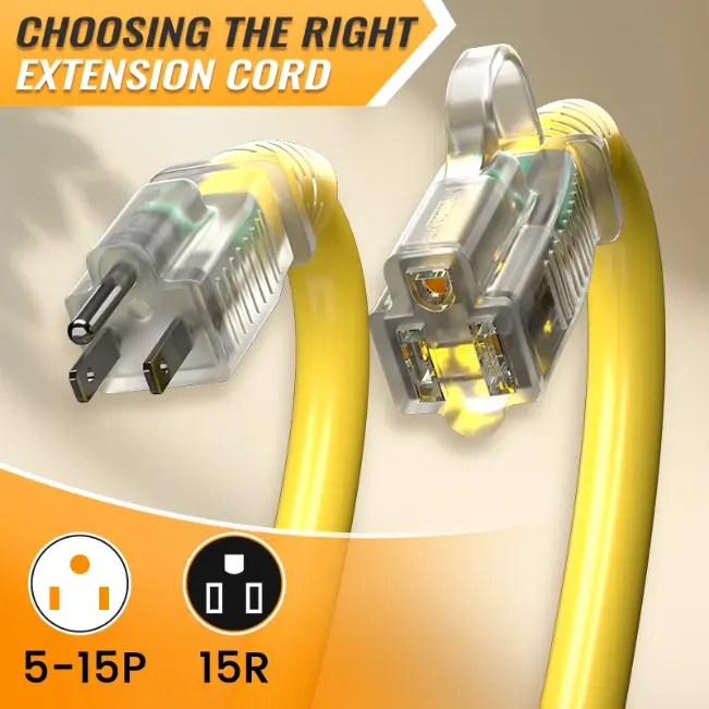 [6ft to 500ft] 12/3 Gauge Heavy Duty Outdoor Extension Cord, Waterproof with LED Lighted End,yellow,Waterproof,ETL,flexible