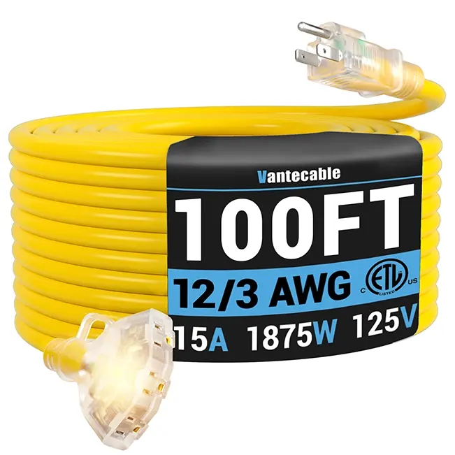 [1ft to 100ft] 12/3 Gauge Heavy Duty Outdoor Extension Cord, Multiple Outlets & LED Indicator,yellow,Waterproof,ETL,flexible,SJTW