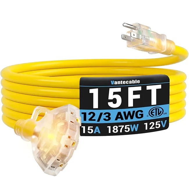 [1ft to 100ft] 12/3 Gauge Heavy Duty Outdoor Extension Cord, Multiple Outlets & LED Indicator,yellow,Waterproof,ETL,flexible,SJTW