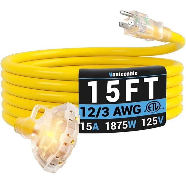 [1ft to 100ft] 12/3 Gauge Heavy Duty Outdoor Extension Cord, Multiple Outlets & LED Indicator,yellow,Waterproof,ETL,flexible,SJTW
