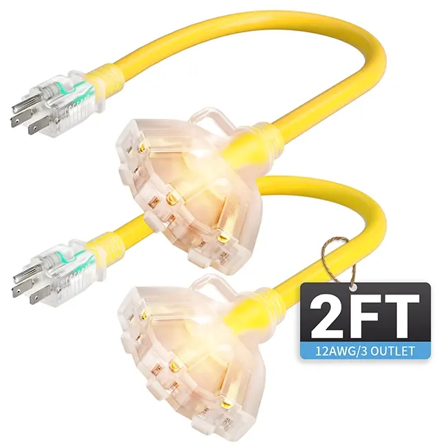 [1ft to 100ft] 12/3 Gauge Heavy Duty Outdoor Extension Cord, Multiple Outlets & LED Indicator,yellow,Waterproof,ETL,flexible,SJTW