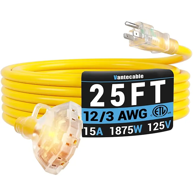 [1ft to 100ft] 12/3 Gauge Heavy Duty Outdoor Extension Cord, Multiple Outlets & LED Indicator,yellow,Waterproof,ETL,flexible,SJTW