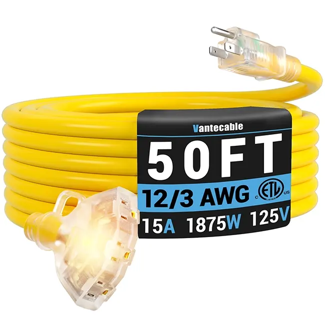 [1ft to 100ft] 12/3 Gauge Heavy Duty Outdoor Extension Cord, Multiple Outlets & LED Indicator,yellow,Waterproof,ETL,flexible,SJTW