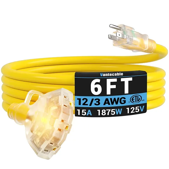[1ft to 100ft] 12/3 Gauge Heavy Duty Outdoor Extension Cord, Multiple Outlets & LED Indicator,yellow,Waterproof,ETL,flexible,SJTW