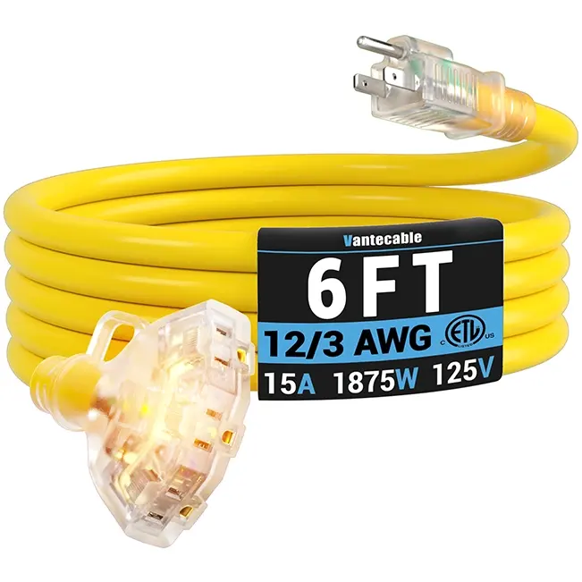 [1ft to 100ft] 12/3 Gauge Heavy Duty Outdoor Extension Cord, Multiple Outlets & LED Indicator,yellow,Waterproof,ETL,flexible,SJTW