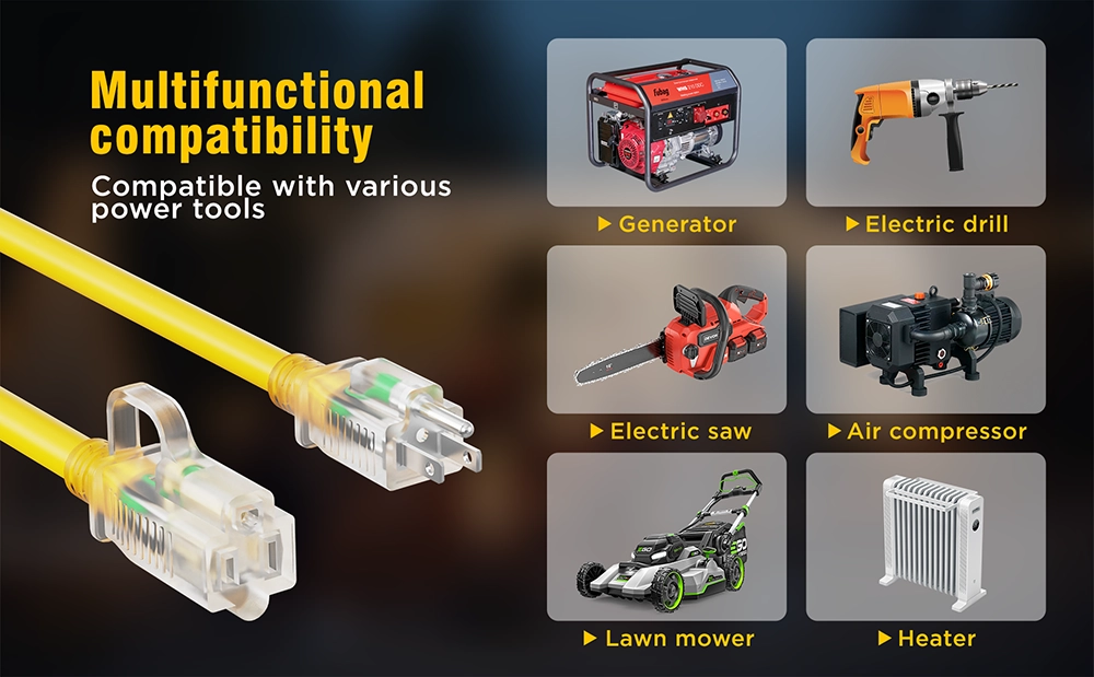 {"default":"12/3 gauge extension cord powering a generator, electric drill, saw, and lawn mower."}
