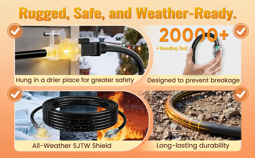 {"default":"Black outdoor extension cord showing LED indicator, bending test, and all-weather durability."}
