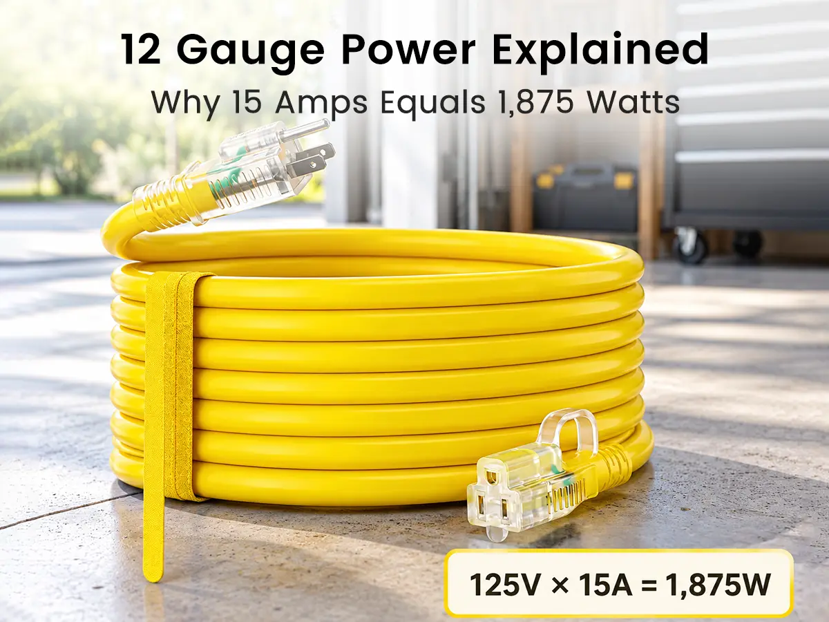 12 gauge 15 amp extension cord showing the 125V × 15A calculation for a 1,875-watt rating