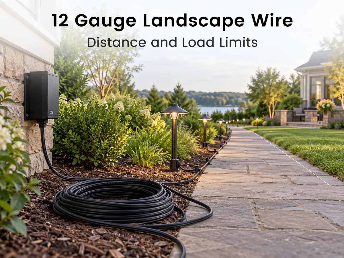 12 gauge landscape wire supplying path lights across a long 12V outdoor lighting run