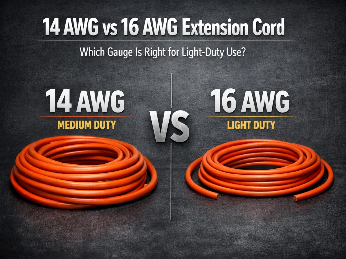 14AWG vs 16AWG extension cord comparison showing cable thickness for light-duty applications