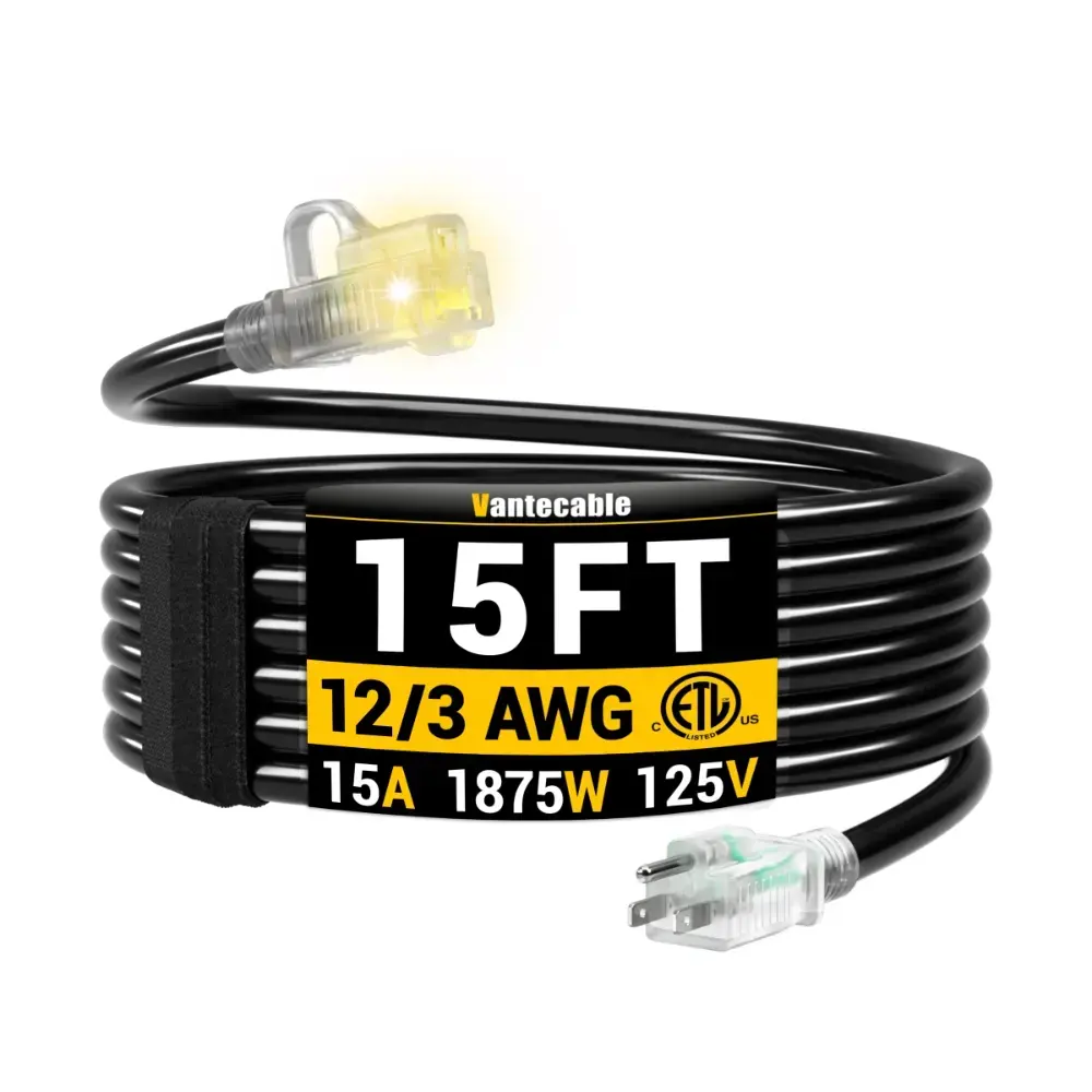 [10ft to 150ft] 12/3 Gauge Heavy Duty Outdoor Extension Cord, Waterproof with LED Lighted End,black,Waterproof,ETL,flexible