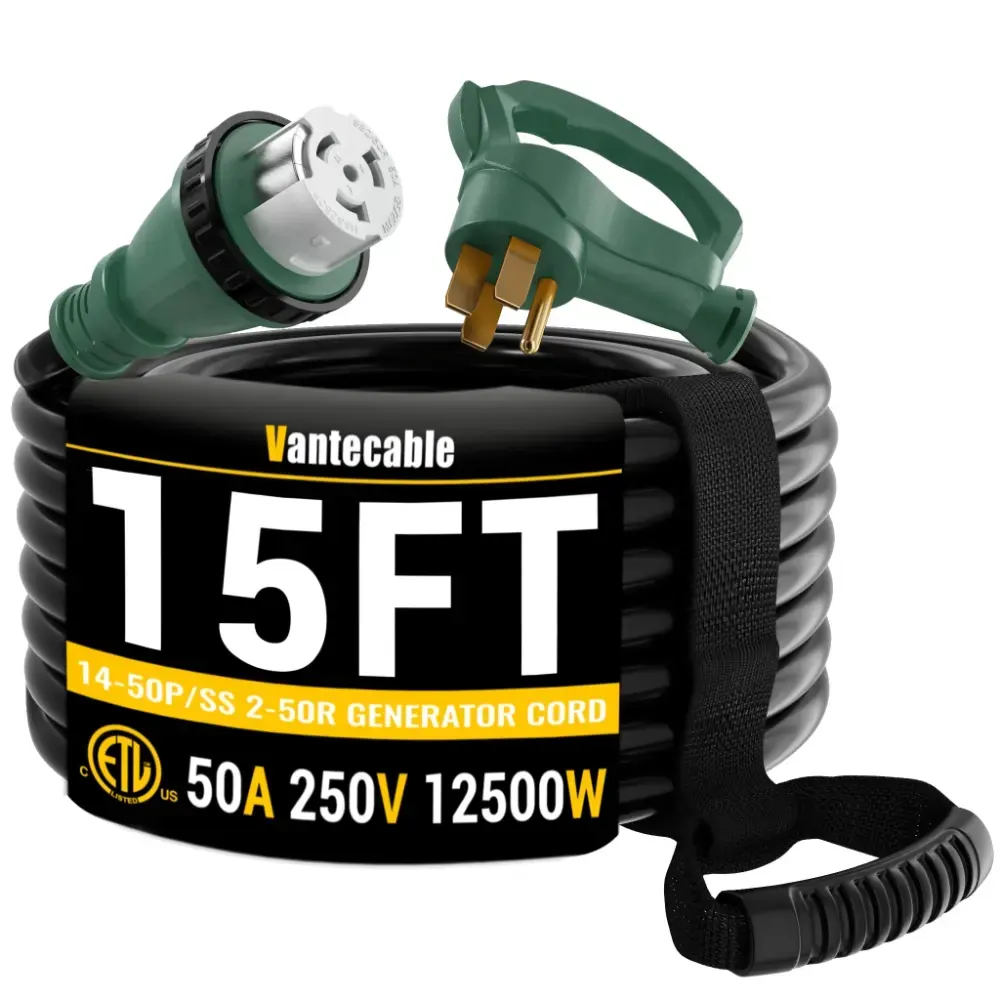 6*3+8*1 Gauge 15ft 50 Amp Generator & RV Extension Cord, NEMA 14-50P to SS2-50 Twist Lock Heavy Duty Power Cable,black,Waterproof,ETL,flexible