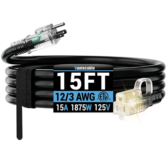 12/3 Gauge Outdoor Extension Cord with LED Lighted End, SJTW, ETL Listed, 6-100 ft