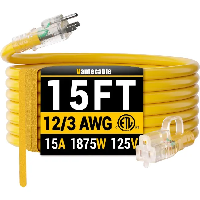 [6ft to 500ft] 12/3 Gauge Heavy Duty Outdoor Extension Cord, Waterproof with LED Lighted End,yellow,Waterproof,ETL,flexible