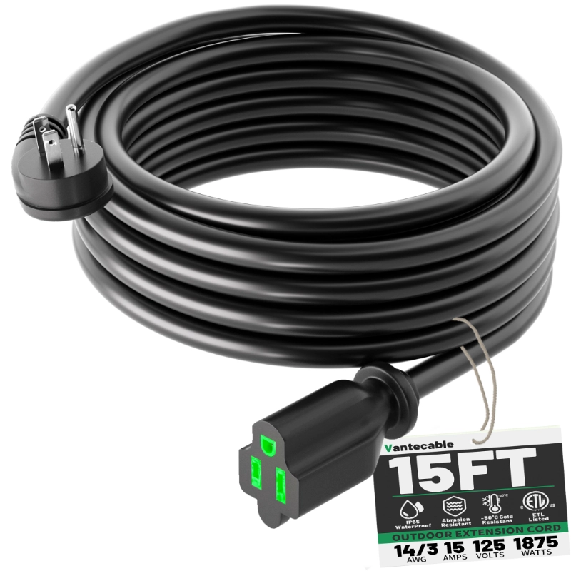 3 Pack 3 Foot Flat Plug Extension Cord Black, 14/3 Gauge Indoor Short Extension Cable-Vantecable