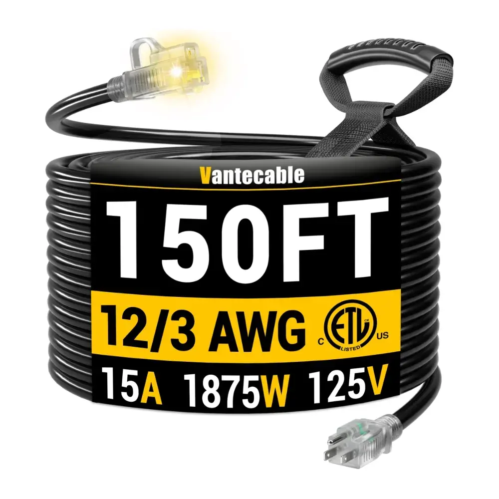 12/3 Gauge 150ft Heavy Duty Outdoor Extension Cord with LED Lighted End,black,Waterproof,ETL,flexible
