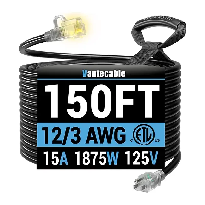 [10ft to 150ft] 12/3 Gauge Heavy Duty Outdoor Extension Cord, Waterproof with LED Lighted End,black,Waterproof,ETL,flexible