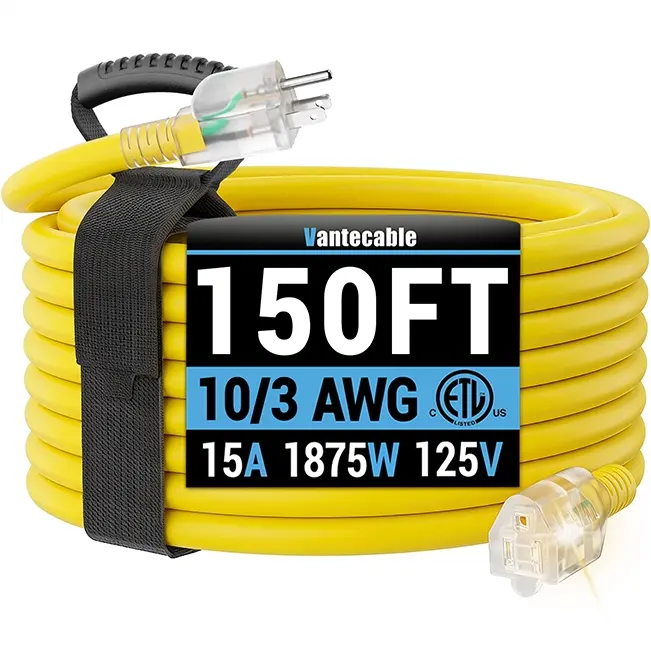 10/3 Gauge Outdoor Extension Cord with LED Lighted End, Yellow, SJTW, ETL Listed, 25-200 ft