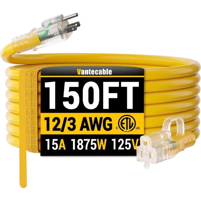 [6ft to 500ft] 12/3 Gauge Heavy Duty Outdoor Extension Cord, Waterproof with LED Lighted End,yellow,Waterproof,ETL,flexible