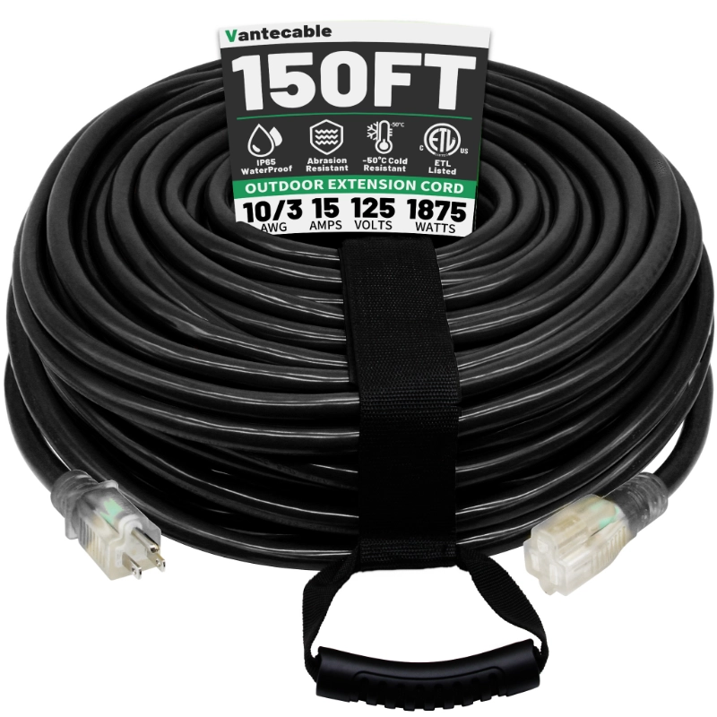 6 Ft 10/3 Black Outdoor Extension Cord Waterproof Heavy Duty 10 Gauge 3 Prong-Vantecable