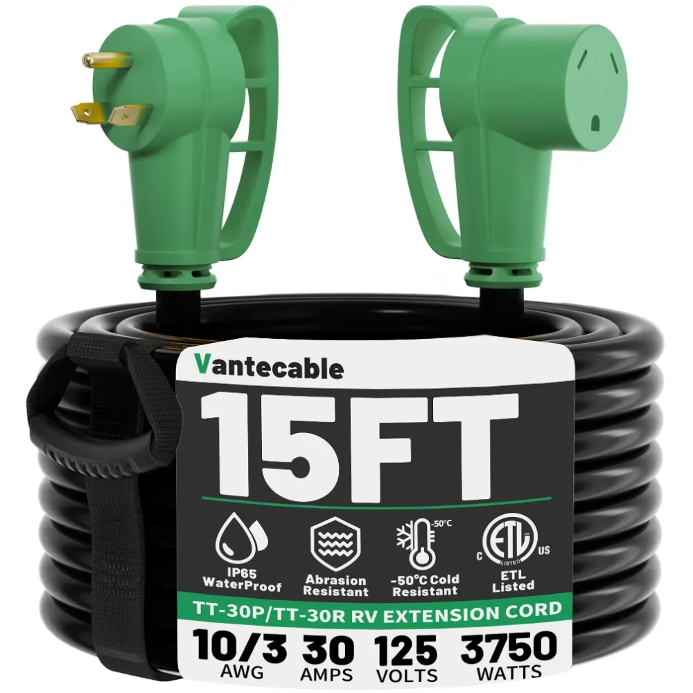 10/3 Gauge 50ft 30 Amp RV Extension Cord, Heavy Duty Waterproof with Easy Grip Handle, green,ETL,flexible