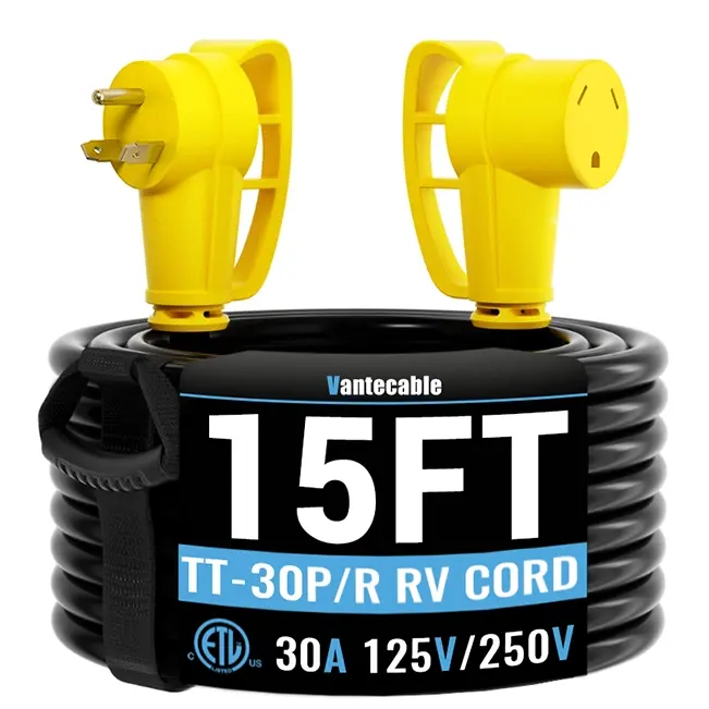 [15ft to 100ft] 10/3 Gauge 30 Amp RV Extension Cord, NEMA TT-30P to TT-30R,with Easy Grip Handle, Yellow/Green,Waterproof,ETL,flexible