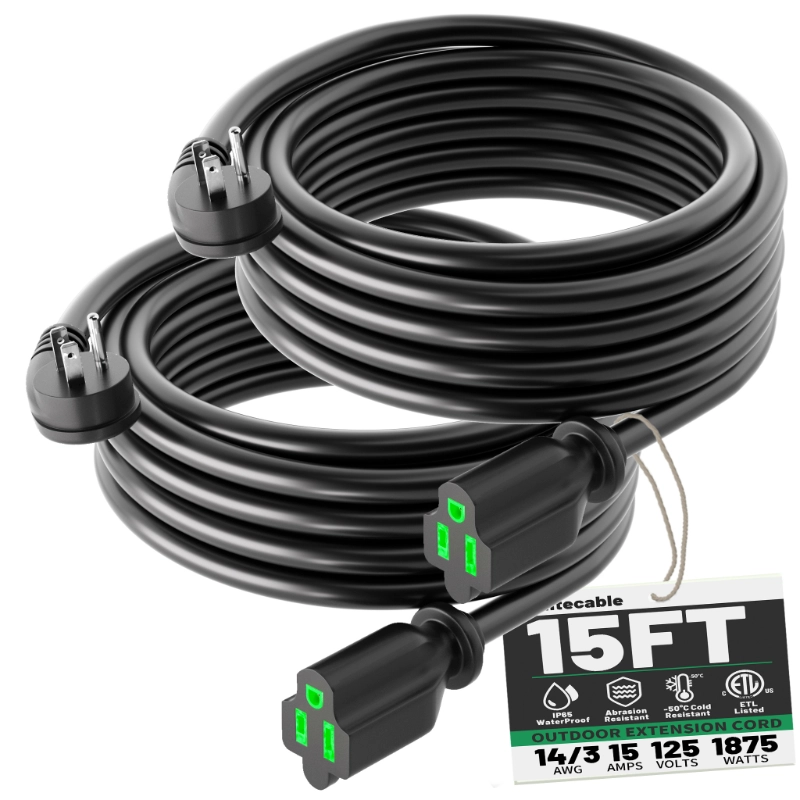 3 Pack 3 Foot Flat Plug Extension Cord Black, 14/3 Gauge Indoor Short Extension Cable-Vantecable