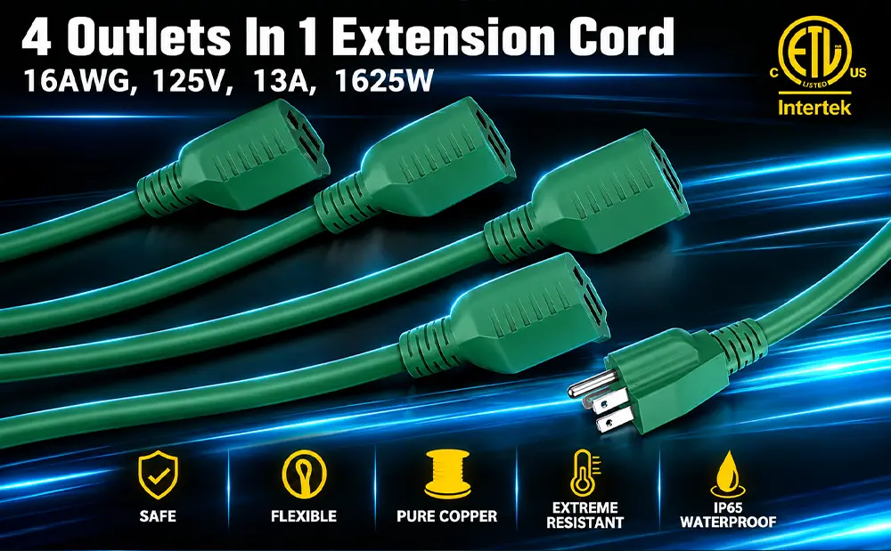 Vantecable 16 AWG green extension cord with four outlets, 125V 13A 1625W, ETL Listed