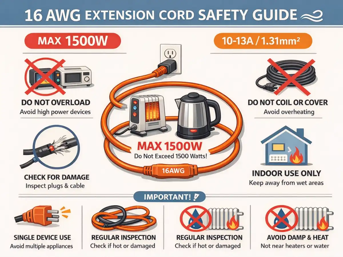 Infographic showing 16 AWG extension cord safety tips for US users, including maximum 1500W, indoor use only, avoid overloading, do not coil or cover, check for damage, single device use, and keep away from heat or moisture, with clear visual icons.