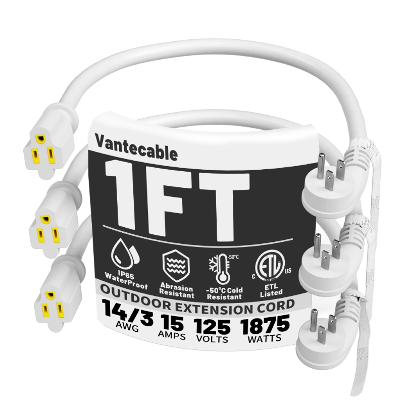 14 Gauge 3 Feet (3 Pack) Flat Plug Extension Cord White Indoor Outdoor-Vantecable