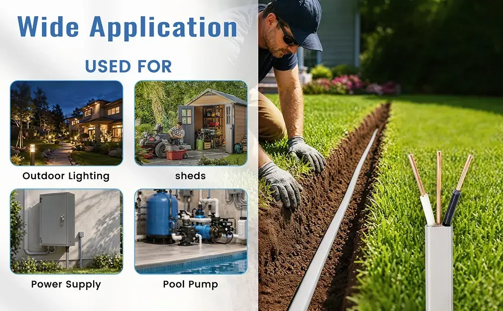 {"default":"Installing 10/2 UF-B wire in a garden trench for outdoor lighting, pool pumps, and shed power supply."}
