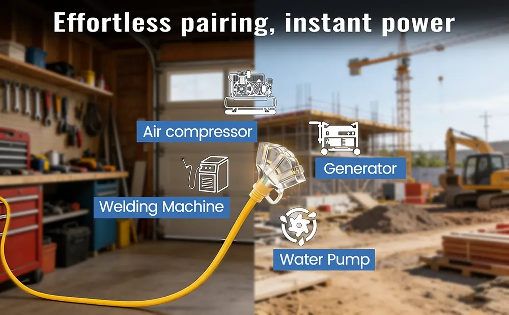 {"default":"Split screen image showing a Vanteable multi-outlet extension cord connecting to an air compressor, welding machine, generator, and water pump in a workshop and construction site."}
