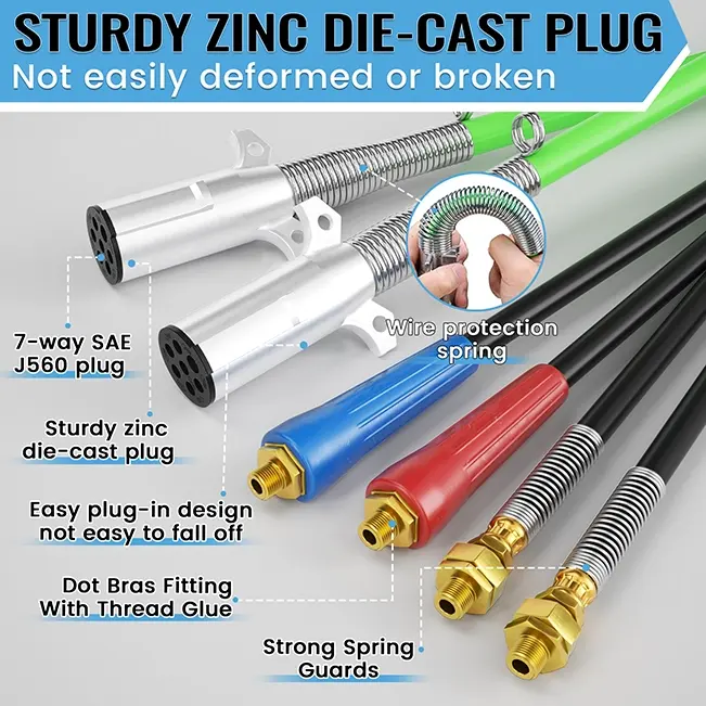 12FT Semi Truck Air Lines Kit with 2PCS Glad Hands, 3-in-1 Air Hoses & 7 Way ABS Electric Power Line, with 2PCS Gladhand Handles, 4PCS Seals and Tender Spring Kit for Semi Truck Trailer Tractor Vantecable