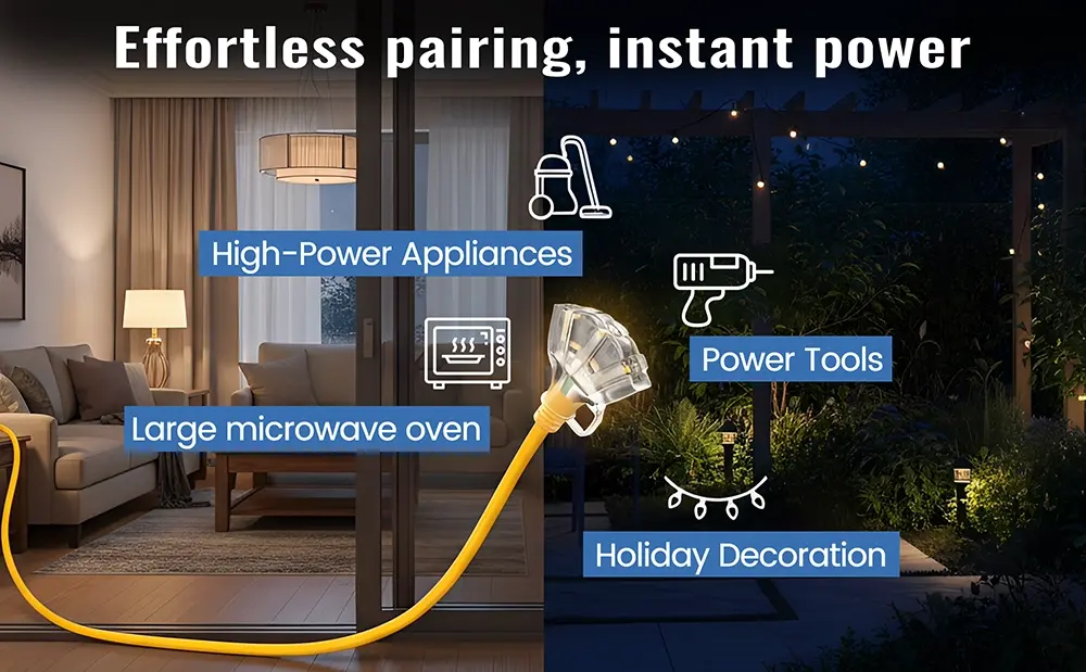 {"default":"Application of Vanteable multi-outlet extension cord powering high-power appliances, microwave, power tools, and holiday decorations."}
