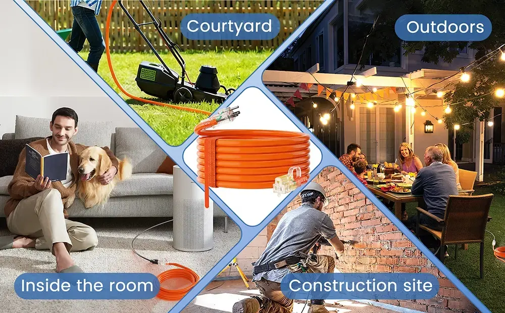 {"default":"Vanteable orange extension cord applications: indoor living room, garden lawn mower, construction site drilling, and outdoor party lights."}
