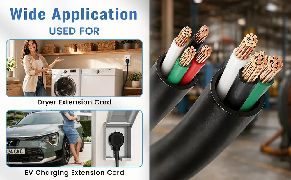 10 AWG 30A dryer and EV charging extension cord used in laundry room and electric vehicle charging station