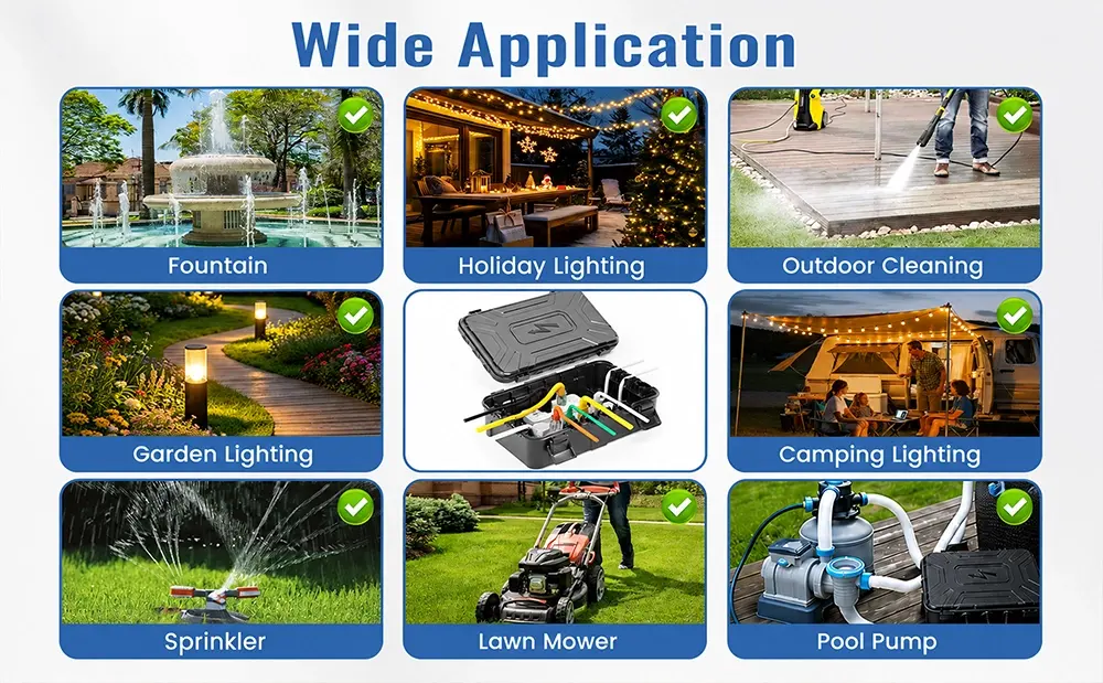 Waterproof junction box for lawn mowers pool pumps and holiday lights.