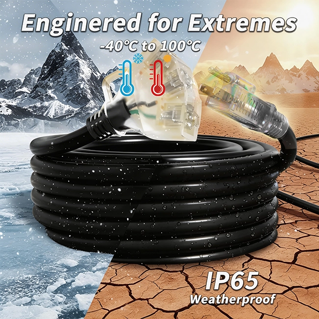 [6ft to 100ft] 16/3 Gauge Multi-Outlet Outdoor Extension Cord, Waterproof with LED Lighted Indicator,black,Waterproof,ETL,flexible