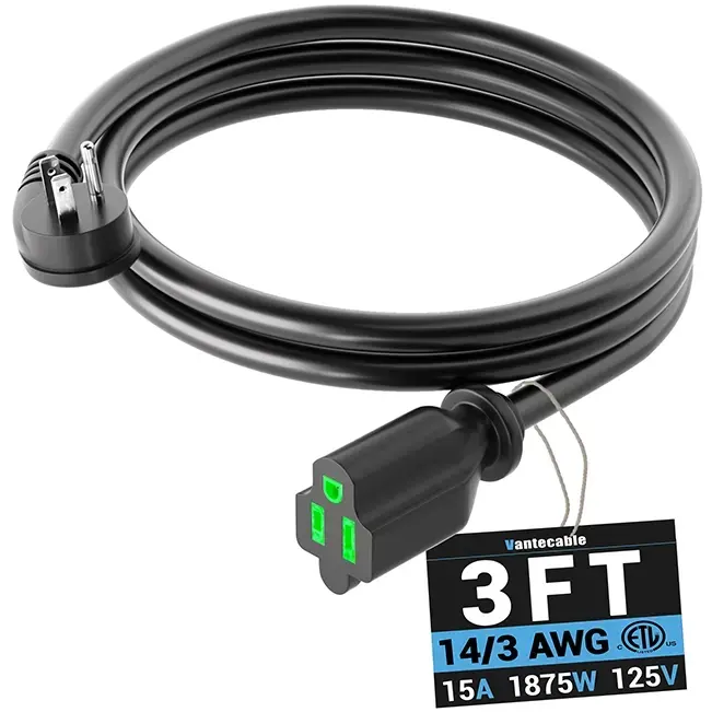 [3ft to 15ft] 14/3 Gauge Black Flat Plug Extension Cord, Space-Saving Low Profile Indoor Power Cable,Waterproof,ETL,flexible