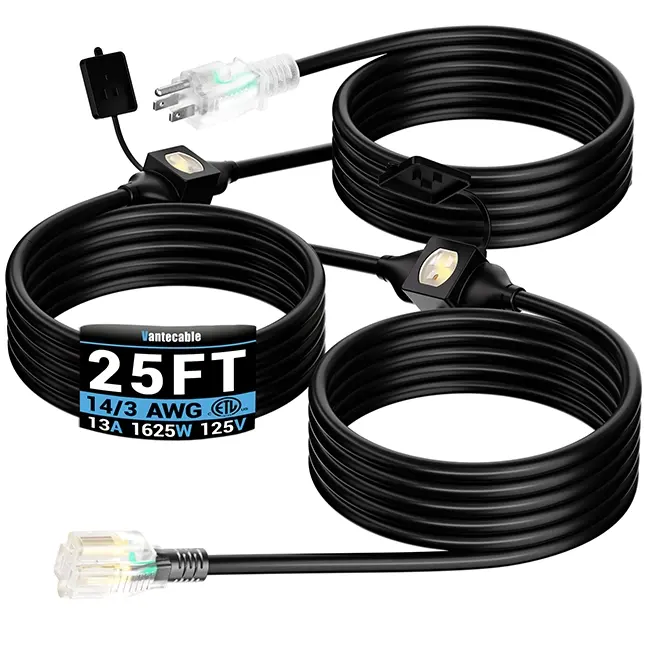 [25ft to 50ft] 14/3 Splitter Outdoor Extension Cord with Multiple Outlets,black,Waterproof,ETL,flexible