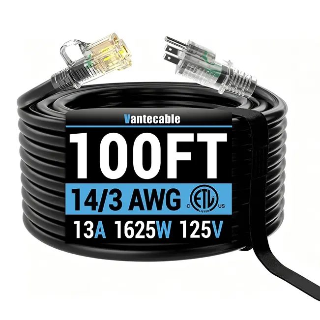 [25ft to 200ft] 14/3 Gauge Heavy Duty Outdoor Extension Cord, Waterproof with LED Lighted Indicator,balck/yellow,Waterproof,ETL,flexible