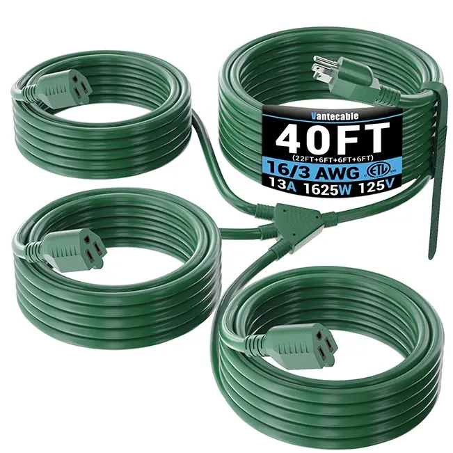 [25ft to 46ft] 16/3 Gauge 1-to-3/4 Splitter Outdoor Extension Cord with Multiple Outlets, Waterproof Heavy Duty Power Hub,green,Waterproof,ETL,flexible