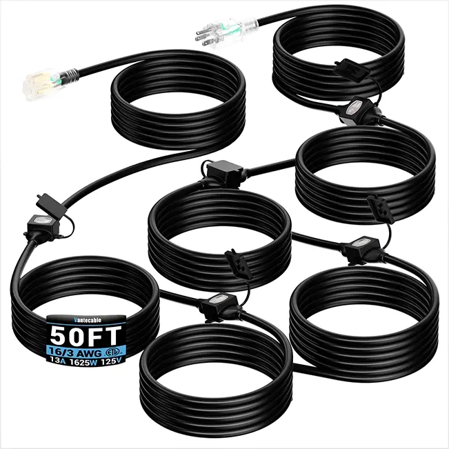 [25ft to 50ft] 16/3 Gauge Multi-Outlet Outdoor Extension Cord, Heavy Duty Waterproof Power Splitter,black,Waterproof,ETL,flexible