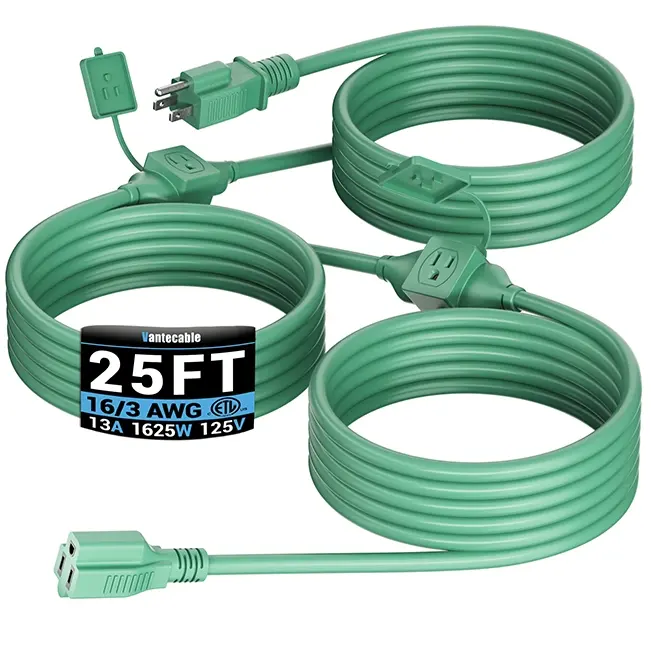 [25ft to 50ft] 16/3 Gauge Multi-Outlet Outdoor Extension Cord, Waterproof Power Splitter, Green for Holiday & Landscape,Waterproof,ETL,flexible