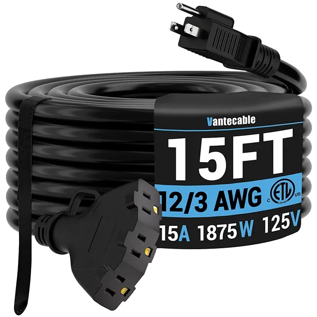 [15ft to 25ft]12/3 Gauge Outdoor Extension Cord with Multiple Outlets,black,Waterproof,ETL,flexible