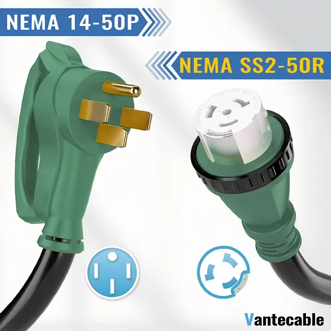 [10ft to 100ft] NEMA 14-50P to SS2-50R Extension Cord with Twist Lock, 50 Amp,for RV Generators and Yachts,Heavy Duty,STW Wire,green